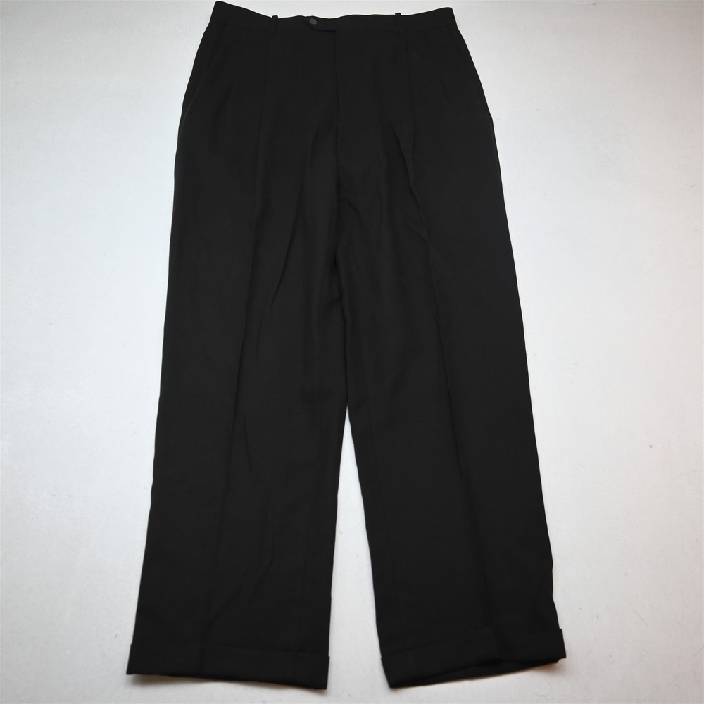 Vtg Y2K 2000s 33x32 Black 100% Wool Pleated Cuffed High Waist Baggy Dress Pants
